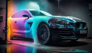 A black luxury car undergoing a car wash with colorful lights illuminating the water and soap suds.