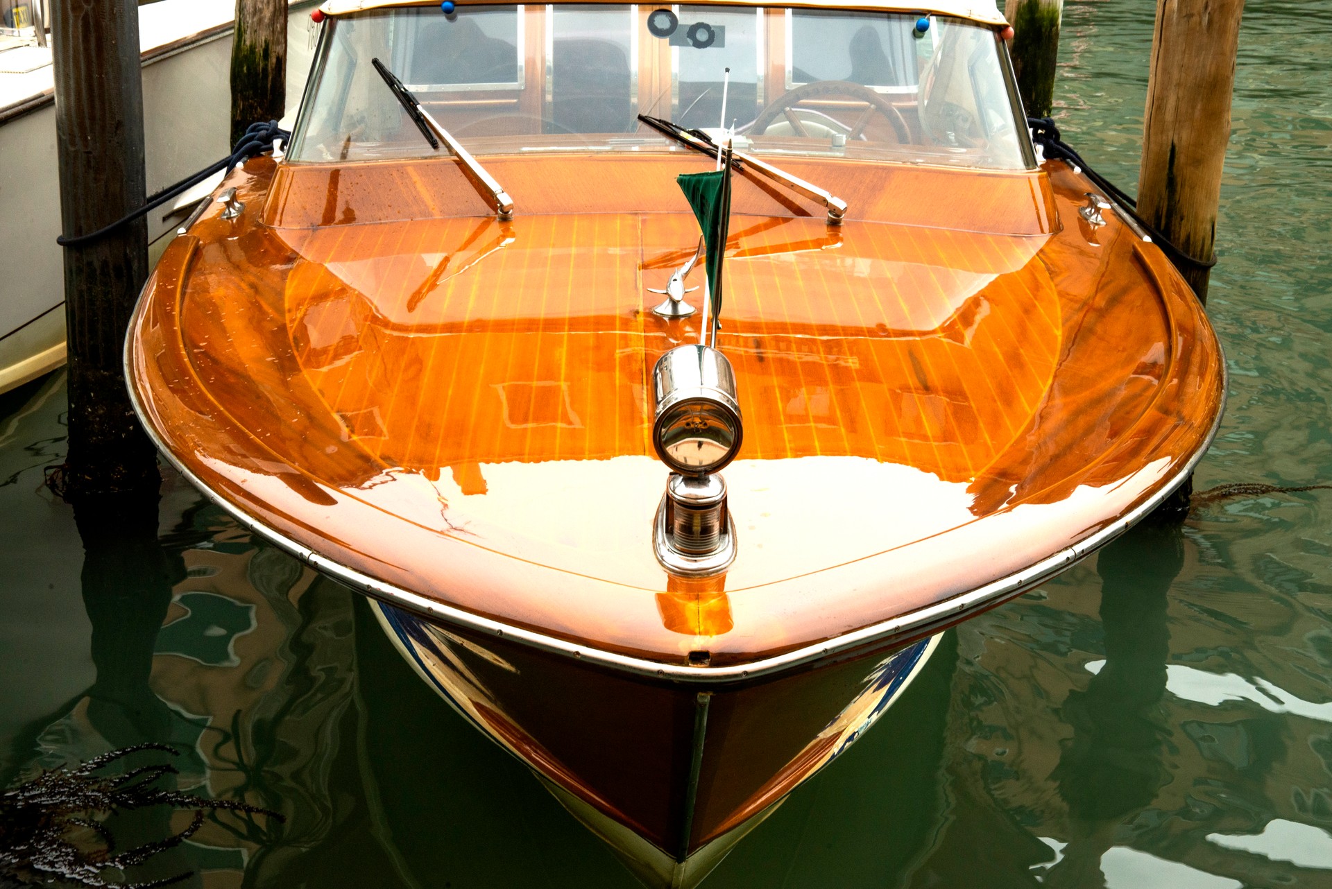 old shiny wooden motorboat